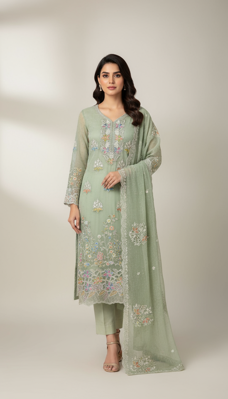 Light Sage Green Chiffon Suit with Multi-Color Floral Embroidery 3-Piece